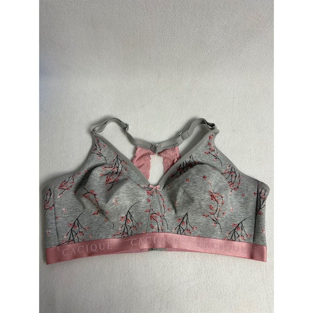 Floral Coquette Cacique Womens 46DD Gray Pink Cherry‎ Blossom Wireless Bra